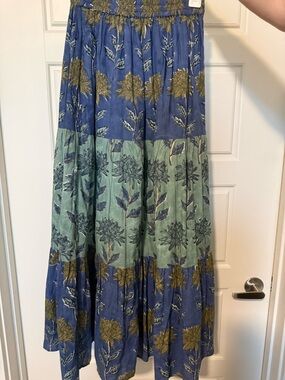 Victoria Dunn Floral Tiered Maxi Skirt in Blue and Sage